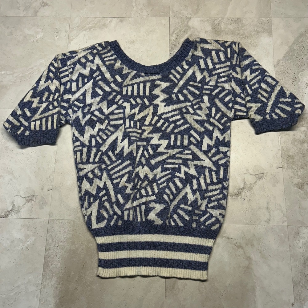 Alberoy Vintage Geometric Knit Sweater Blue White Women Size S Short Sleeve 80s